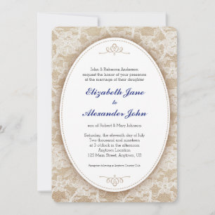 Vintage Oval on Burlap and Lace Wedding Invitation