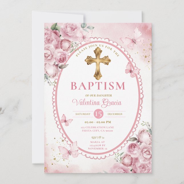 Vintage Oval Pink Butterfly Girl Baptism Cross Invitation (Front)