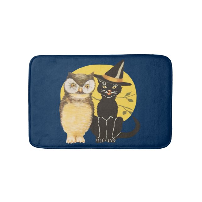Vintage Owl And Black Cat Bath Mat (Front)