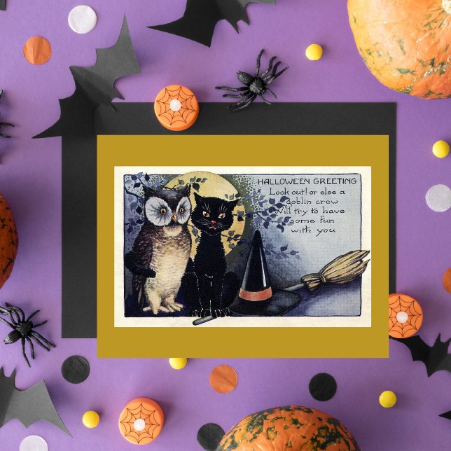 Vintage Owl and Black Cat Halloween Greeting Card (Creator Uploaded)