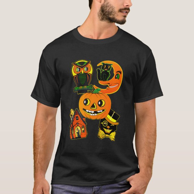 Vintage Owl And Cat Pumpkin Halloween T-Shirt (Front)