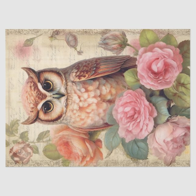 Vintage Owl and Pink Roses Decoupage Tissue Paper (Front)