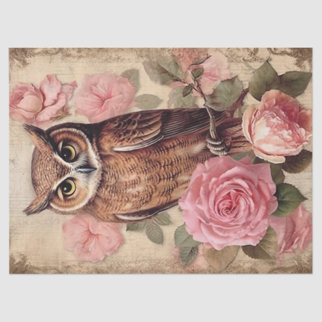 Vintage Owl and Pink Roses Decoupage Tissue Paper (Front)
