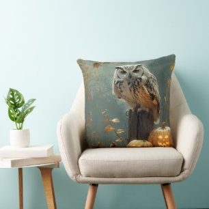 Vintage Owl and Pumpkins Autumn Halloween Cushion
