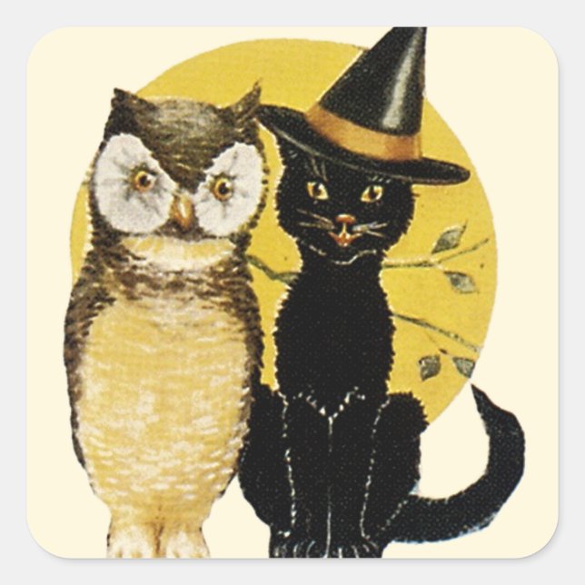 Vintage Owl & Black Cat - Halloween Sticker (Front)