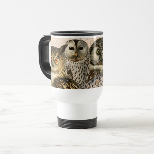 Vintage Owl Collage Travel Mug (Front Left)