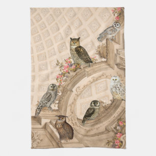 Vintage Owl Collage with Floral Architecture Tea Towel