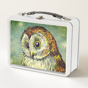 Vintage owl cute illustration barn owl teal brown metal lunch box