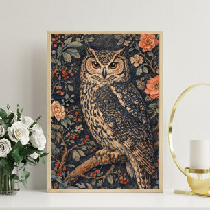 Vintage Owl Floral Art Poster Woodland Bird