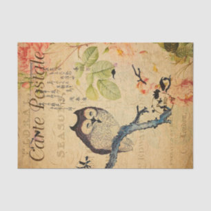 Vintage Owl Floral Flowers French Cartle Postale Tissue Paper