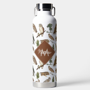 Vintage Owl Forest Pattern Monogram  Water Bottle
