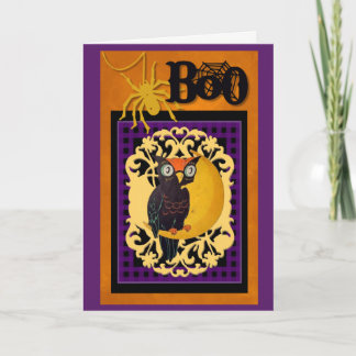 Vintage owl Halloween Card. Boo, Purple, orange Card