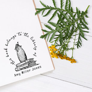 Vintage Owl Handwritten Elegant Library Books Rubber Stamp