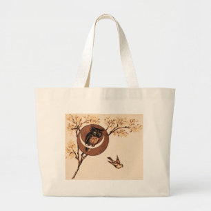 Vintage Owl in Moon Large Tote Bag