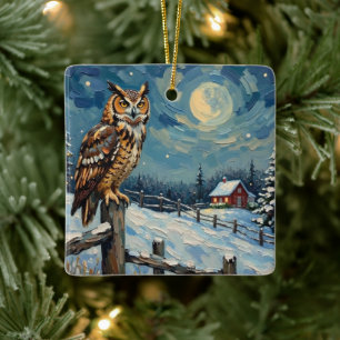 Vintage Owl on Fence Over Frozen Christmas Field Ceramic Ornament