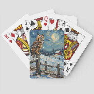 Vintage Owl on Fence Over Frozen Christmas Field Playing Cards