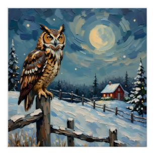 Vintage Owl on Fence Over Frozen Christmas Field Poster