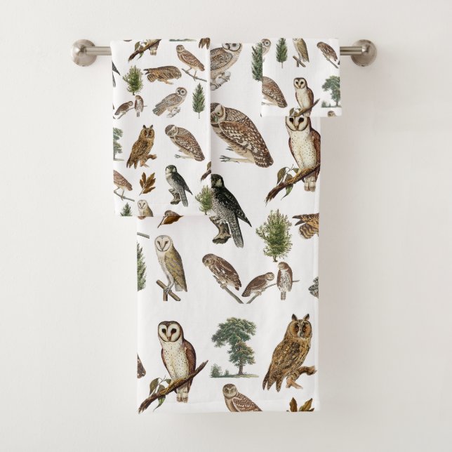 Vintage Owl Watercolor Forest Pattern  Bath Towel Set (Insitu)