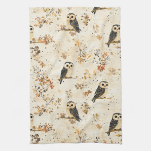 Vintage Owls & Floral Botanical Pattern (6) Tea Towel