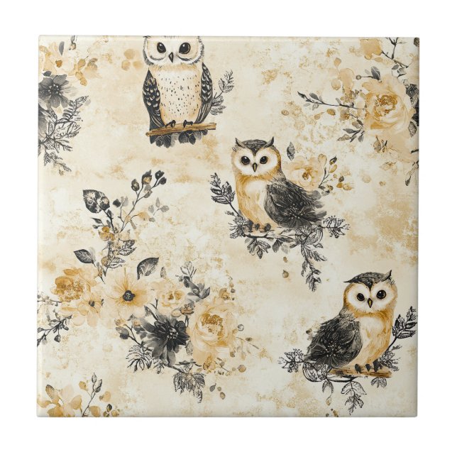 Vintage Owls & Floral Botanical Pattern (8) Tile (Front)