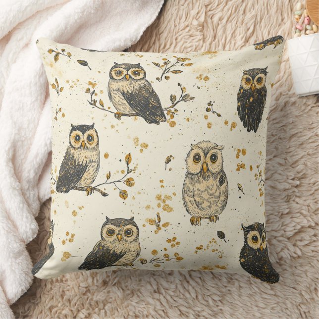 Vintage Owls & Floral Botanical Pattern Cushion (Blanket)