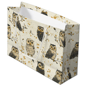 Vintage Owls & Floral Botanical Pattern Large Gift Bag