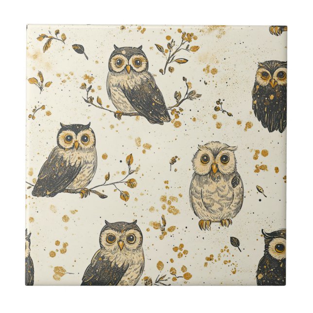 Vintage Owls & Floral Botanical Pattern Tile (Front)