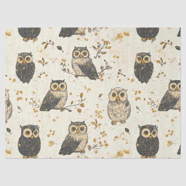 Vintage Owls & Floral Botanical Pattern Tissue Paper (Front)