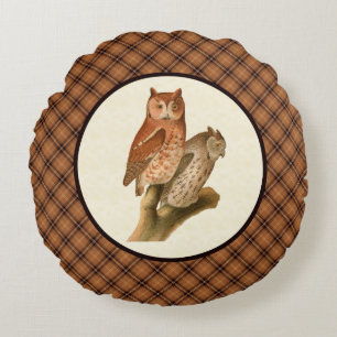 Vintage Owls with Rustic Orange Fall Plaid Round Cushion