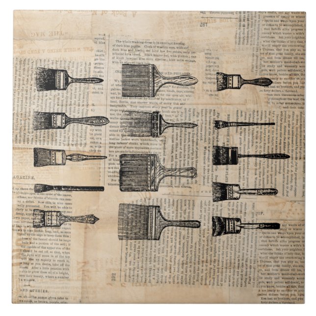 Vintage Paintbrushes Paint Brush Newspaper Print Tile (Front)