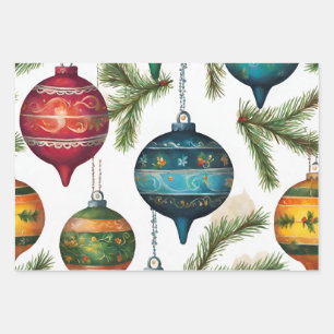 Vintage Painted Christmas Hanging Ornaments Wrapping Paper Sheet