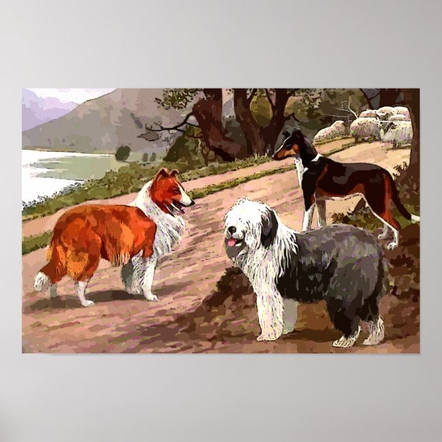 Vintage Painted Collies Canvas Print (Front)