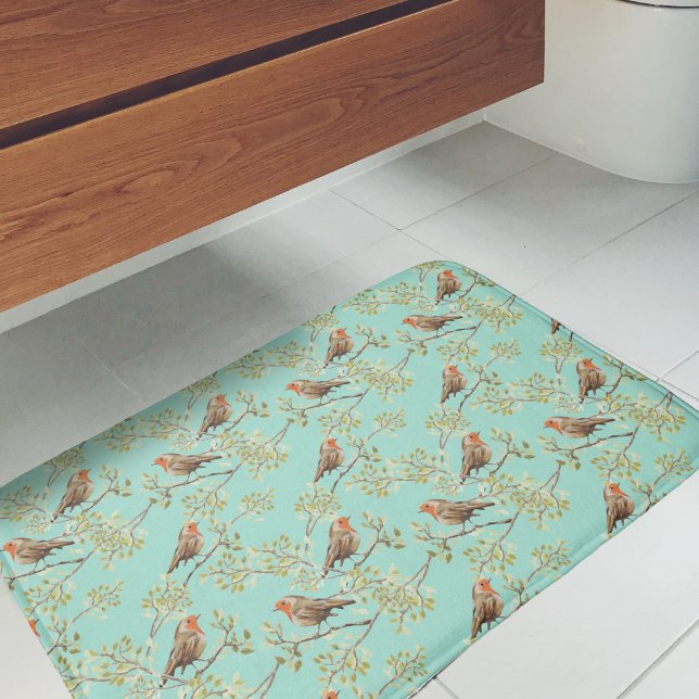 Vintage Painted European Robin Bird Pattern Bath Mat (Vintage Red Robin Pattern Bath Mat (choose your own background colour))