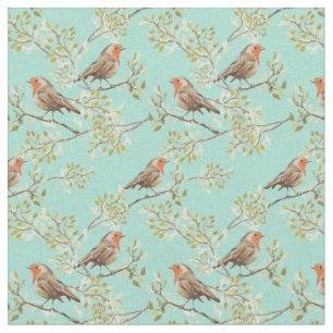 Vintage Painted European Robin Bird Pattern Fabric