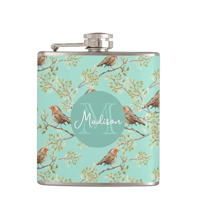 Vintage Painted European Robin Bird Pattern Hip Flask (Front)