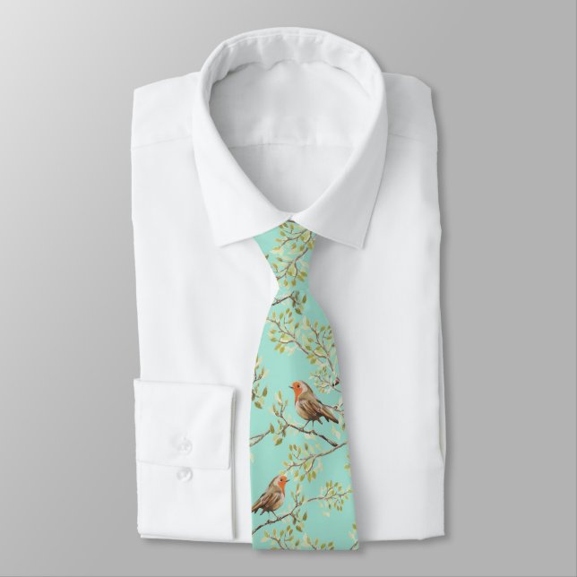 Vintage Painted European Robin Bird Pattern Tie (Tied)