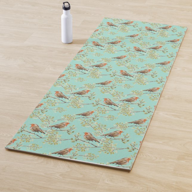 Vintage Painted European Robin Bird Pattern Yoga Mat (In Situ)
