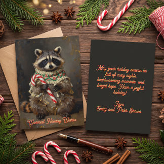 Vintage Painted Racoon with Candy Cane Holiday Card