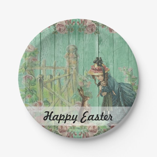 Vintage Painted Rustic Easter Rabbit Scene Paper Plate (Front)