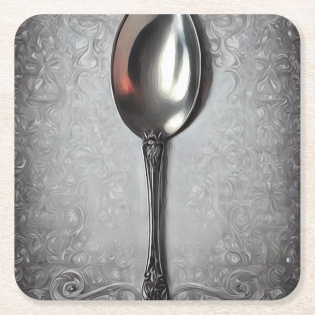 Vintage Painted Silver Spoon Square Paper Coaster (Front)
