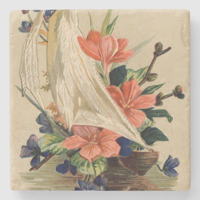 Vintage Painting - Flowers in a Sailboat. Stone Coaster (Front)