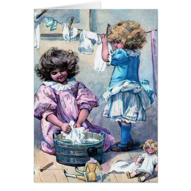 Vintage painting girls washing clothes laundry day (Front)
