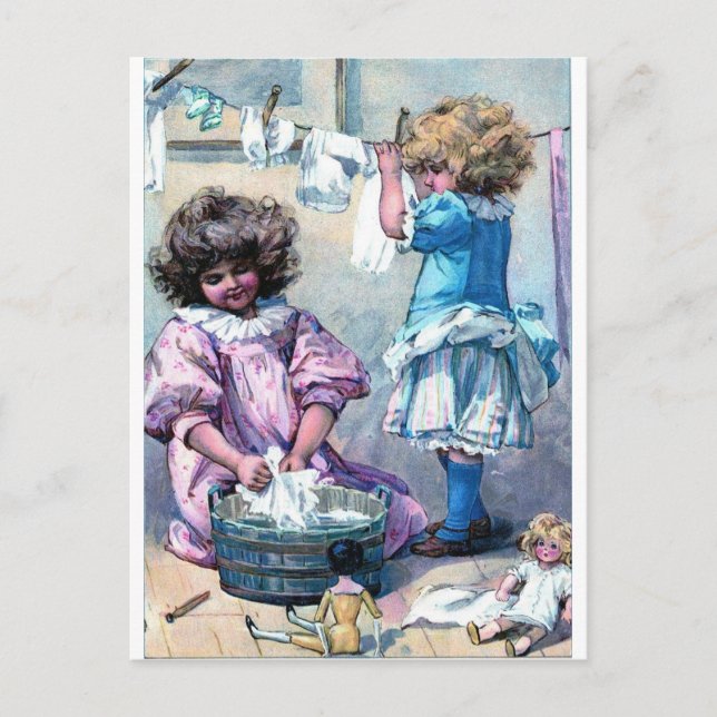 Vintage painting girls washing clothes laundry day postcard (Front)