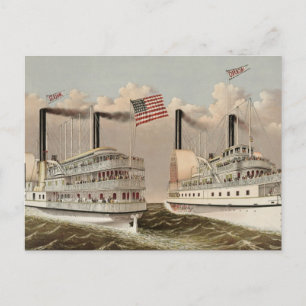 Vintage Painting Mississippi River Steam Boats Postcard