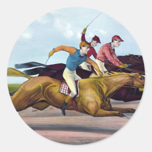 Vintage Painting Of A Horse Race Scene, Horses Classic Round Sticker