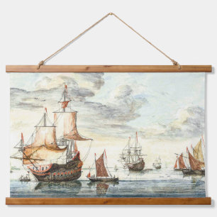 Vintage Painting Ships On A Calm Sea Johan Teyler Hanging Tapestry