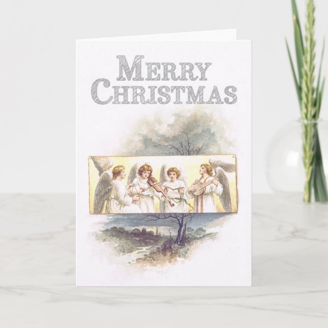 Vintage paintinig Angels playing music Christmas Holiday Card (Front)