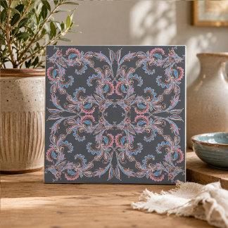 Vintage Paisley Ceramic Tile in Slate Blue & Blush