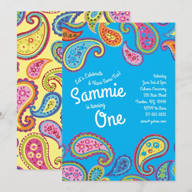 Vintage Paisley Colourful 1st Birthday Invitations (Front/Back)