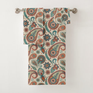 Vintage Paisley in Red Teal Cream Bath Towel Set